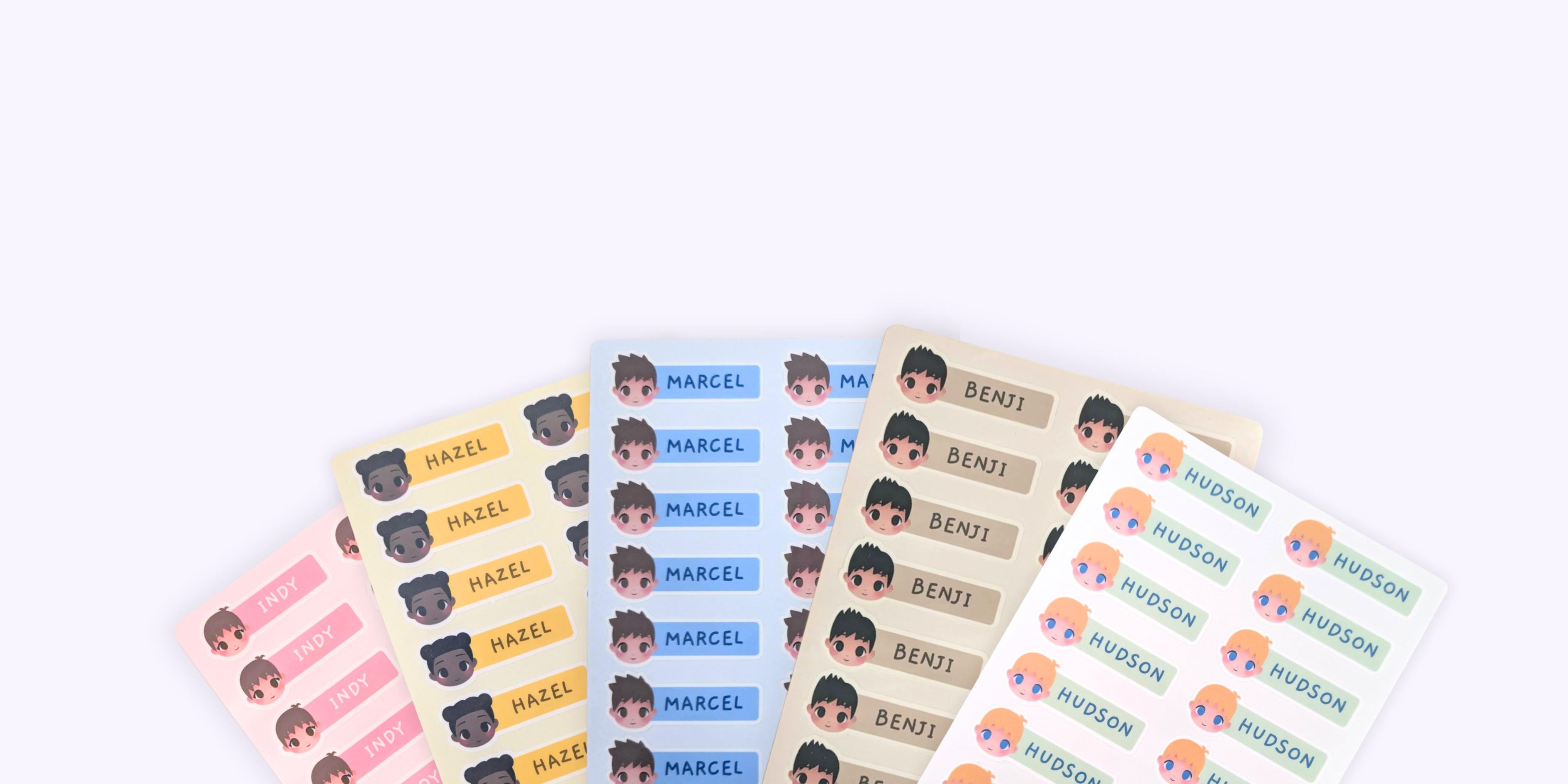 Set of personalized stickers with different names on a white background